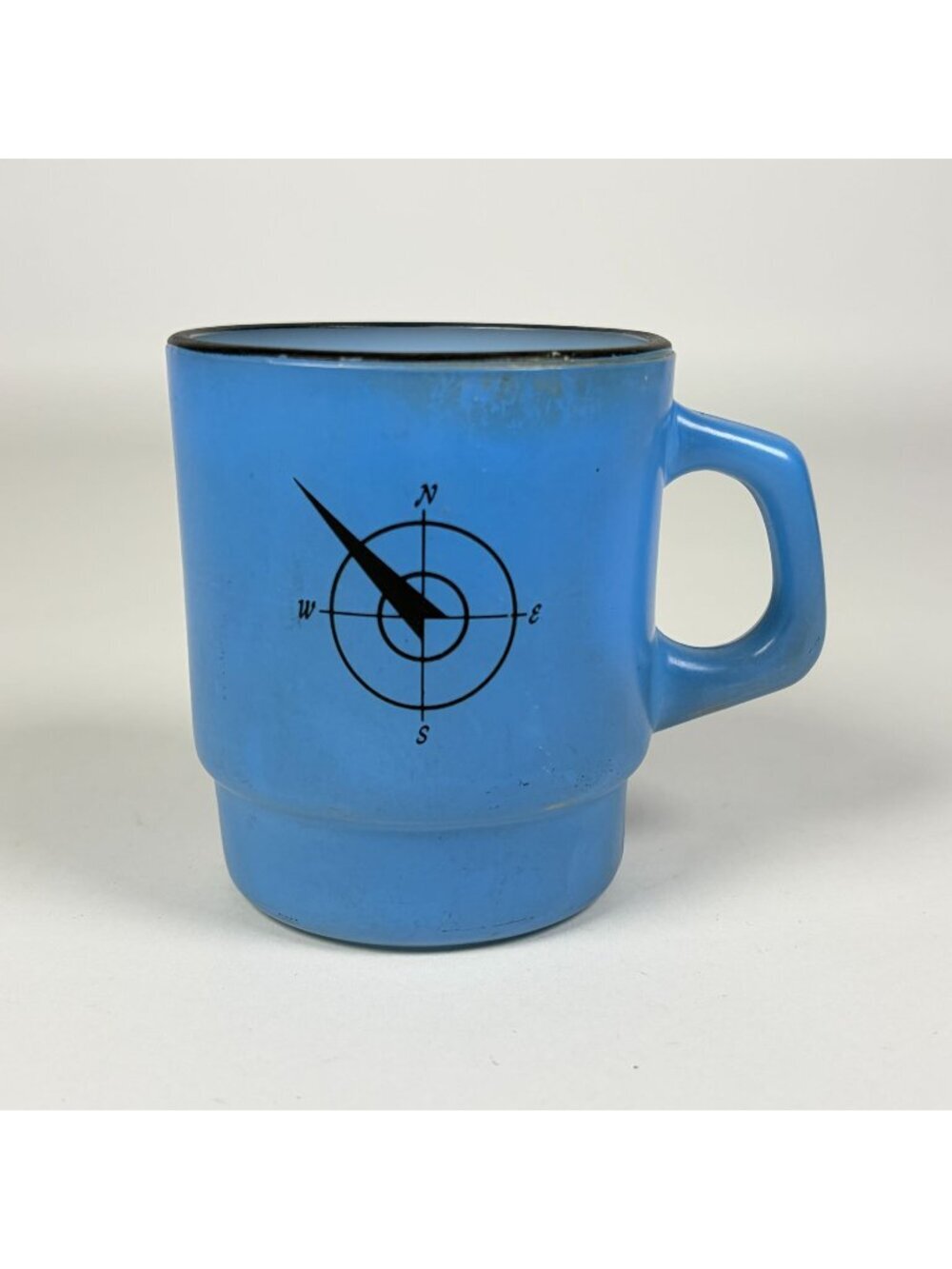 Vintage Anchor Hocking Fire King Blue Milk Glass Mug Compass Design